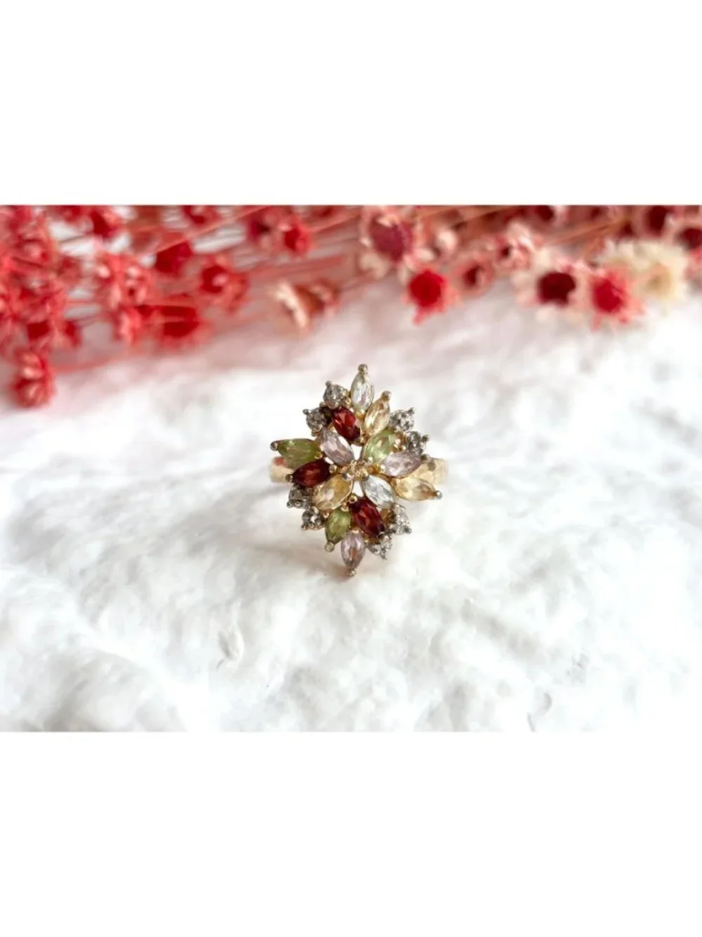 Rainbow Gemstone Vermeil Floral Sterling Silver 925 Vintage Ring - sz 8
